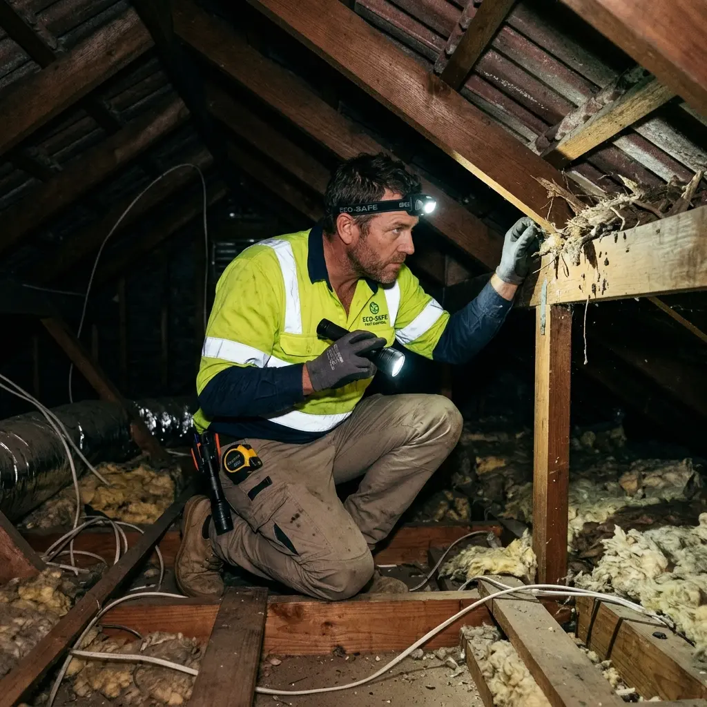Technician inspecting a roof cavity for a dead animal in Long Forest
